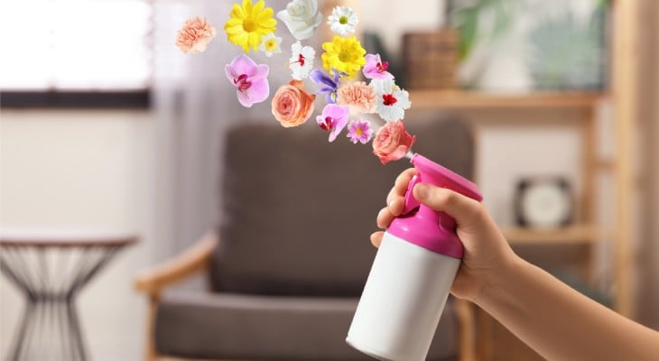 A close-up of a person holding a can of air freshener, spraying it in a room. There are flowers coming from the can.