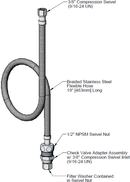 T&S Brass (018544-45) Inlet Flex Hose w/ Check Valve Adapter, 3/8in Compression Inlet (EC-3130/3132/3142 Series) additional product graphic