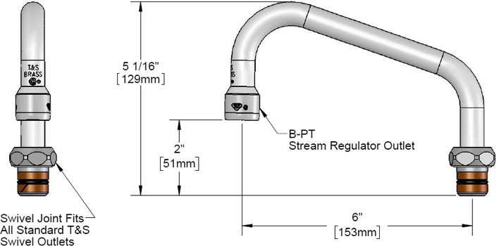 T&S Brass (059X) Swing Nozzle, 6in Length, 2-5/16in Clearance additional product graphic