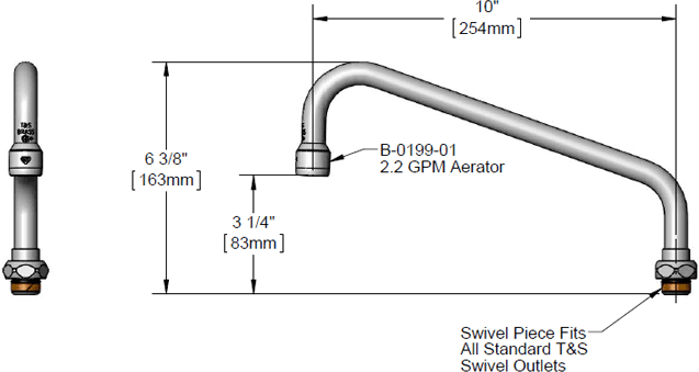 T&S Brass (061X-A22) Swing Nozzle w/ 2.2 GPM Aerator, 10in Length, 3-1/4in Clearance additional product graphic