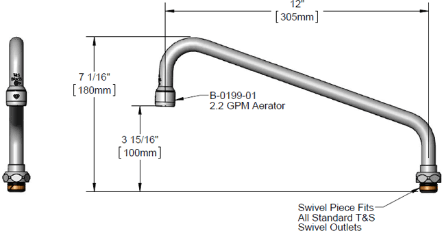 T&S Brass (062X-A22) Swing Nozzle w/ 2.2 GPM Aerator, 12in Length, 3-15/16in Clearance additional product graphic