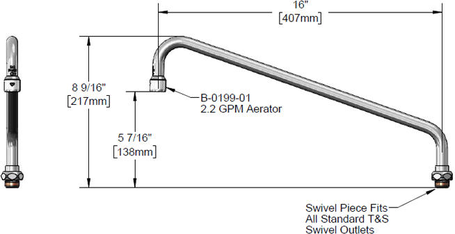 T&S Brass (064X-A22) 16in Swing Nozzle w/ 2.2 GPM Aerator additional product graphic