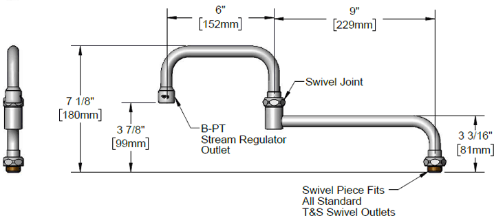 T&S Brass (067X) Double-Joint Swing Nozzle, 9in Back Section, 6in Front Section, 15in Overall Length additional product graphic