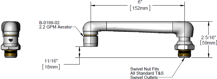 T&S Brass (0CS6) 6in Swivel Cast Spout Assembly w/ Aerator additional product graphic