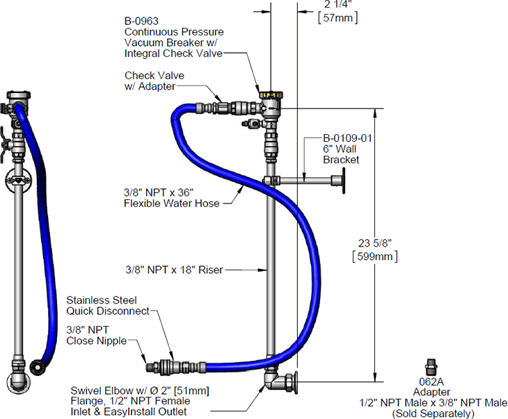 T&S Brass (0RK-SK) Hose Reel Connector Kit: Inlet Elbow, Riser, Vacuum Breaker, Flexible Water Hose & Quick Disconnect additional product graphic