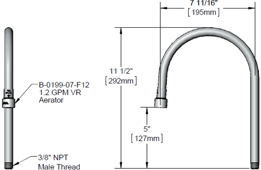 T&S Brass (127X-V12) Rigid Gooseneck w/ 1.2 GPM Vandal Resistant Aerator, 7-11/16in Spread, 5in Clearance additional product graphic