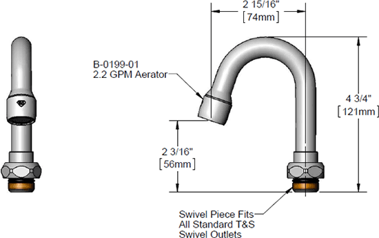T&S Brass (131X-A22) Swivel Gooseneck w/ 2.2 GPM Aerator, 2-15/16in Spread, 4-3/4in Height, 2-3/16in Clearance additional product graphic