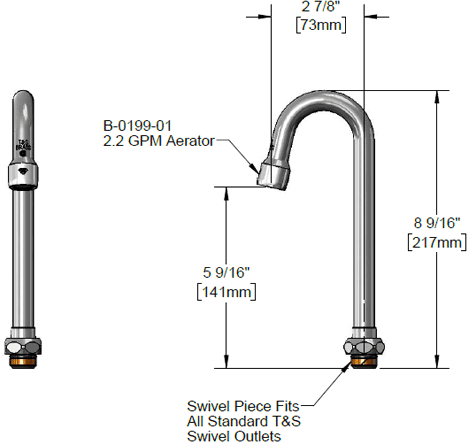 T&S Brass (132X-A22) Swivel Gooseneck w/ 2.2 GPM Aerator, 2-11/16in Spread, 9in Height, 4-7/8in Clearance additional product graphic