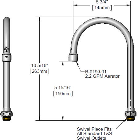 T&S Brass (133X-A22) ivel Gooseneck w/ 2.2 GPM Aerator, 5-3/4in Spread, 10-5/16in Height, 5-15/16in Clearance additional product graphic