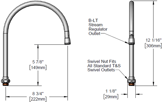 T&S Brass (135X) Swivel Gooseneck, 8-3/4in Spread, 12-1/16in Height, 5-9/16in Clearance additional product graphic