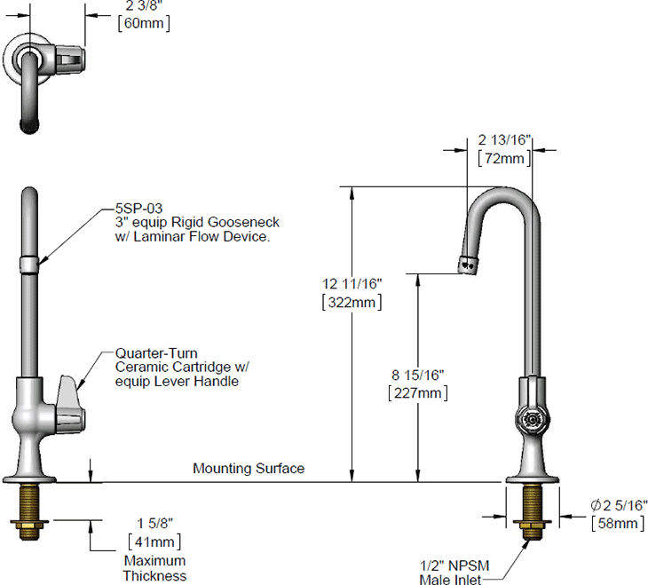 T&S Brass (5F-1SLX03) Faucet, Single Temp Inlet, 3in Rigid Gooseneck additional product graphic