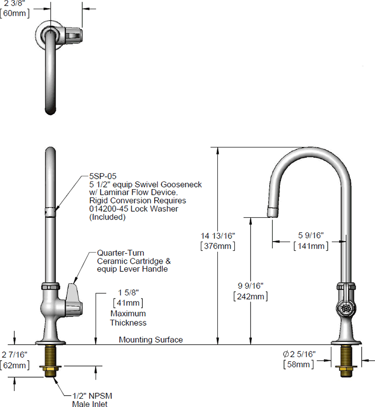 T&S Brass (5F-1SLX05) Faucet, Single Hole, 5-1/2in Swivel Gooseneck additional product graphic