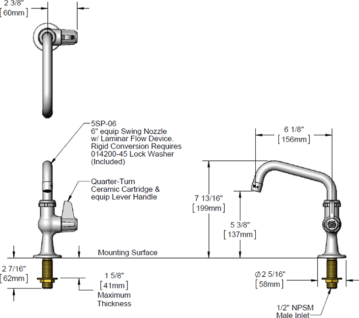 T&S Brass (5F-1SLX06) Faucet, Single Hole, 6in Swing Nozzle, Chrome Plated Brass Body additional product graphic