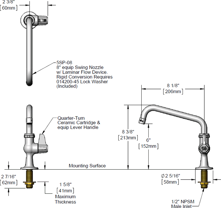 T&S Brass (5F-1SLX08) Faucet, Single Hole, Single Temperature, 8in Swing Nozzle additional product graphic