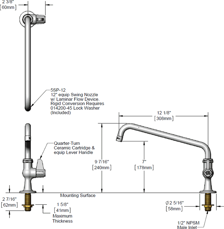 T&S Brass (5F-1SLX12) Faucet, Single Hole, Single Temperature, 12in Spout additional product graphic