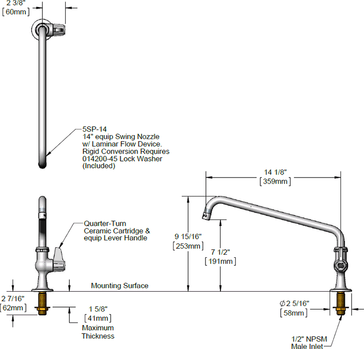 T&S Brass (5F-1SLX14) Faucet, Single Hole, Single Temperature, 14in Swing Nozzle additional product graphic