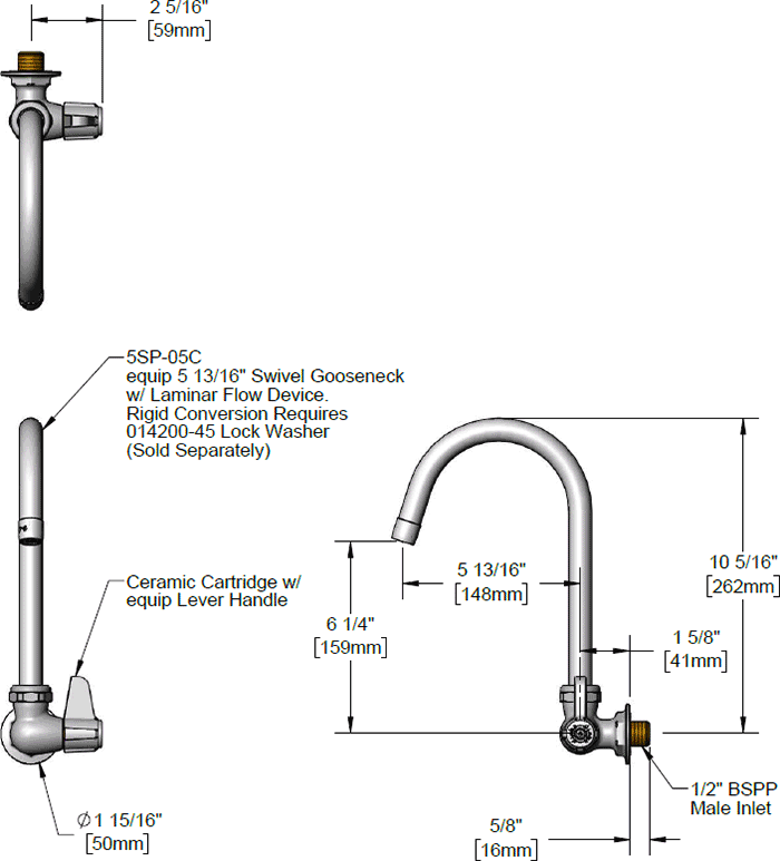 T&S Brass (5F-1WLB05C) Single Temperature, Wall Mount Faucet, Ceramic, Lever Handle, 5in Swivel Gooseneck, BSP Nipple additional product graphic
