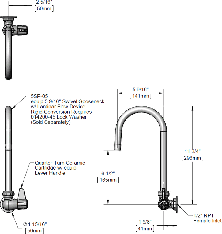 T&S Brass (5F-1WLX05) Equip Single Hole, Single Temp Wall Mount Faucet, 5-9/16in Swivel Gooseneck, 1/2in NPT Female Inlet additional product graphic