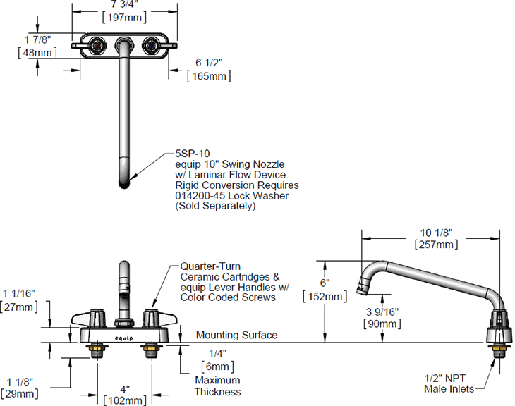 T&S Brass (5F-4CLX10) Equip 4in c/c Deck Mount Workboard Faucet, 10in Swing Nozzle, Laminar Outlet Device additional product graphic