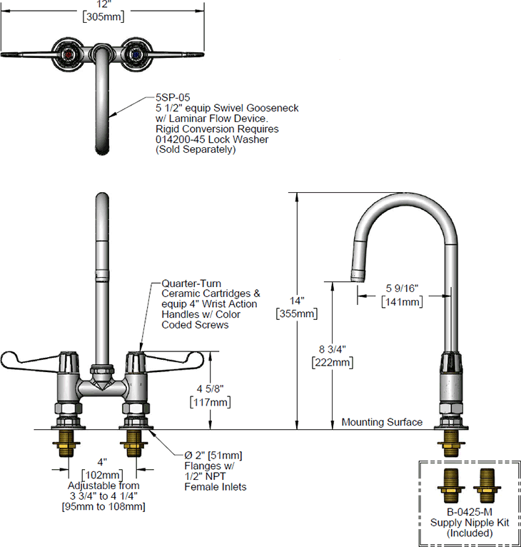 T&S Brass (5F-4DWS05) 4in Deck Mount Faucet, 5-1/2in Swivel Gooseneck, 4in Wrist Handles, 1/2in NPT Supply Nipple Kit additional product graphic