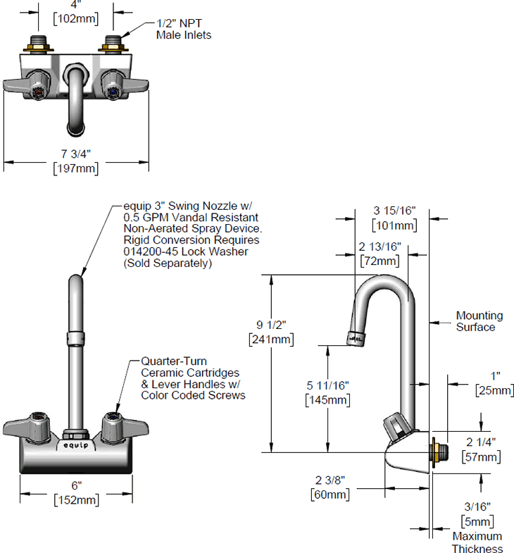 T&S Brass (5F-4WLX03-VF05) Equip 4in Wall Mount Faucet w/ 3in Swivel Gooseneck, 0.5 GPM Non-Aerated Vandal Resistant Outlet Device additional product graphic