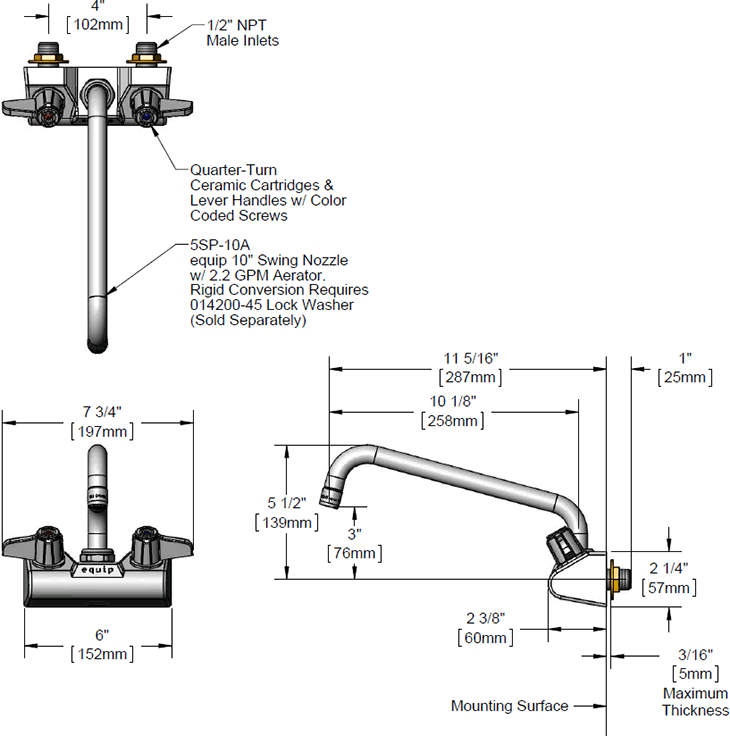 T&S Brass (5F-4WLX10) Equip 4in Wall Mount Faucet w/ 10in Swing Nozzle, 2.2 GPM Aerator additional product graphic