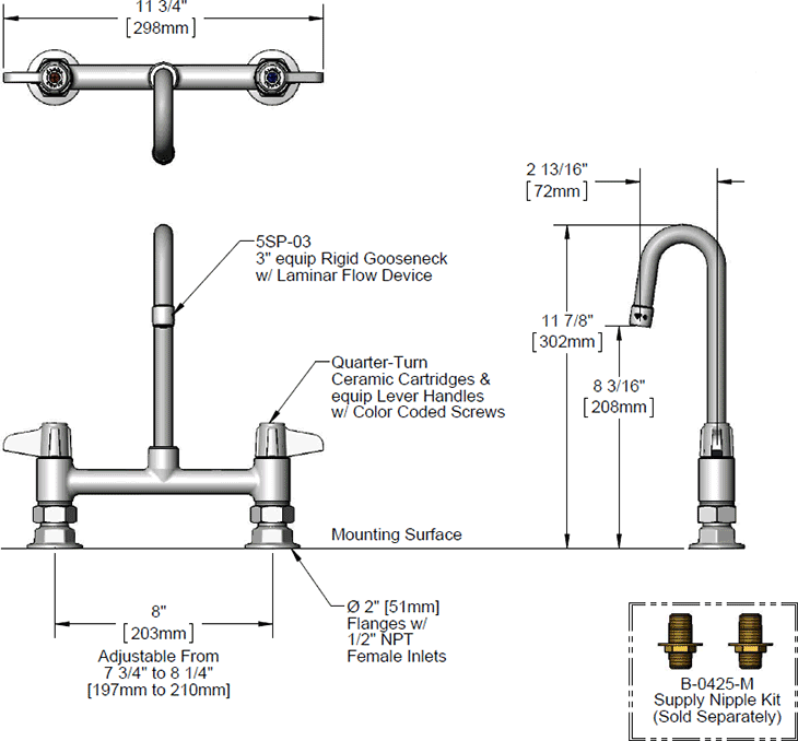 T&S Brass (5F-8DLX03) Equip 8in Deck Mount Mixing Faucet w/ 3in Rigid Goosneck & 1/2in NPT Female Inlets additional product graphic