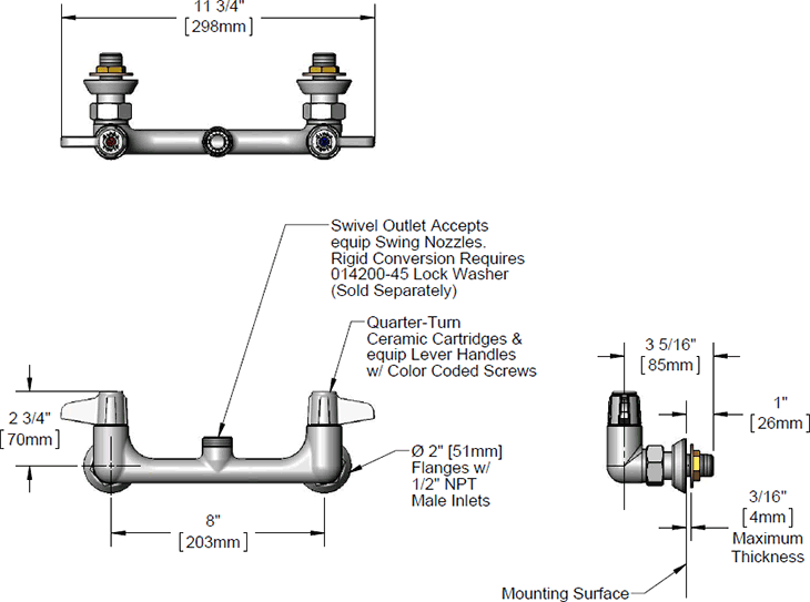 T&S Brass (5F-8WLX00-EE) 8in Wall Mount Faucet, Lever Handles & 00EE Wall Flanges (Less Nozzle) additional product graphic