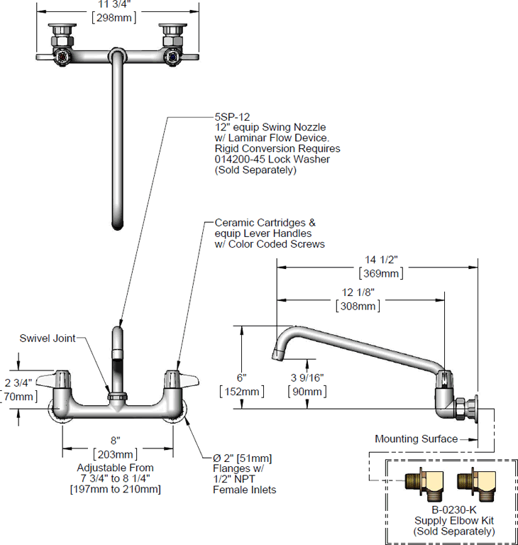 T&S Brass (5F-8WLX12) Faucet, Wall Mount, 8in Centers, 12in Swing Nozzle additional product graphic