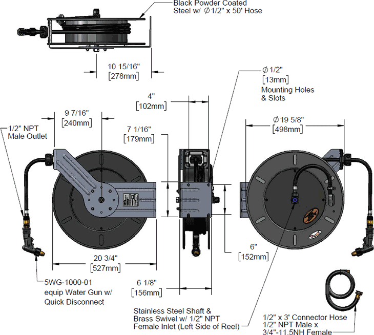 T&S Brass (5HR-342-09-GH) Hose Reel, 1/2in x 50', 5WG-1000-01 Spray Gun, 3' Connector Hose additional product graphic