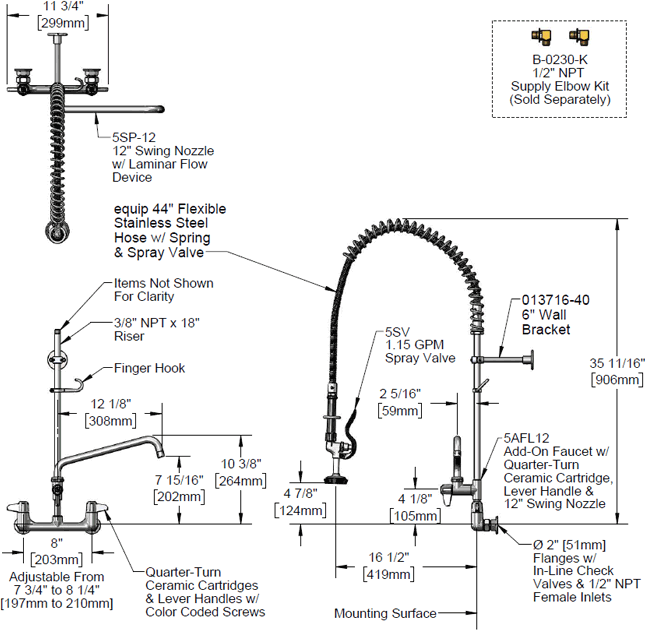T&S Brass (5PR-8W12) Pre-Rinse, Wall Mount Base, 8in Centers, 6in Wall Bracket, 12in Add-On Faucet additional product graphic