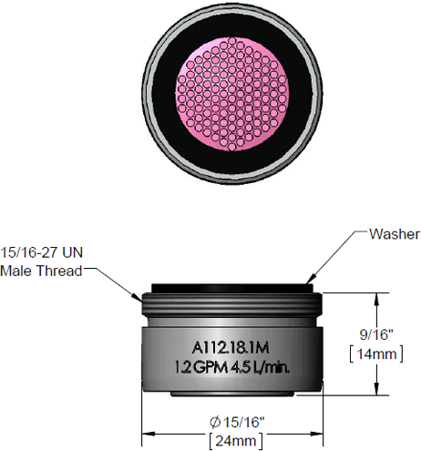 T&S Brass (B-0199-04-F12) 1.2 GPM Aerator, 15/16-27UM Male Threads additional product graphic