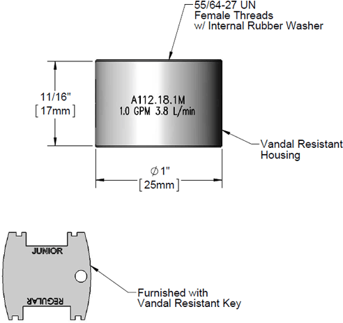 T&S Brass (B-0199-06-F10) 1.0 GPM Vandal Resistant Aerator, 55/64-27UN Female Threads additional product graphic
