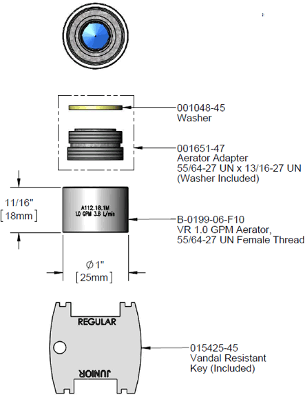 T&S Brass (B-0199-08-F10) 1.0 GPM Vandal Resistant Aerator, 13/16-27UN Male Threads additional product graphic