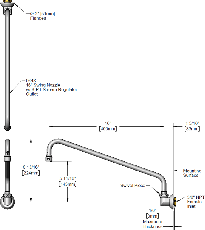 T&S Brass (B-0526-16) Swivel Nozzle, Wall Mount, 16in Swing Nozzle, Stream Regulator additional product graphic