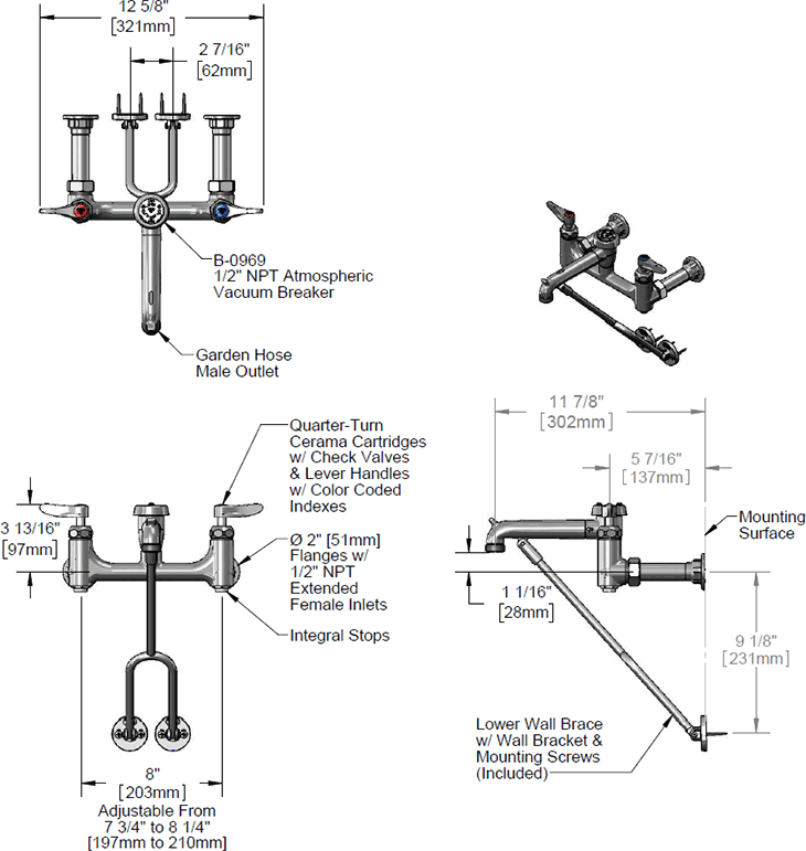 T&S Brass (B-0655-BSTP-CR) 8in Service Sink Faucet, Wall Mount, Ceramas, Built-In Stops, Vacuum Breaker, Polished additional product graphic