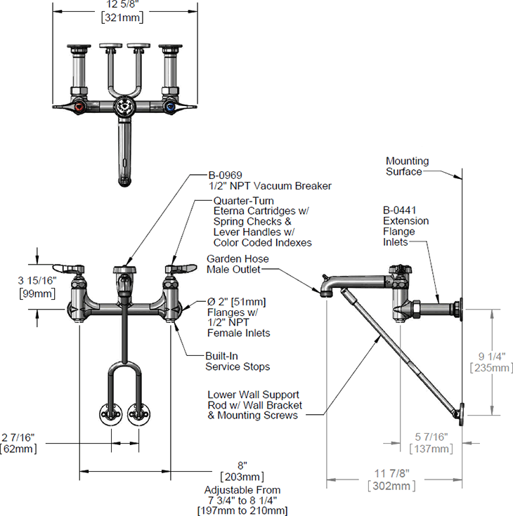 T&S Brass (B-0655-BSTP) Service Sink Faucet, Wall Mount, 8in Centers, Built-In Stops, Vacuum Breaker, Polished additional product graphic