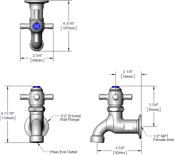 T&S Brass (B-0706) Sill Faucet, Self-Closing, 1/2in NPT Female Inlet, 3-7/8in Wall to Center of Spout additional product graphic