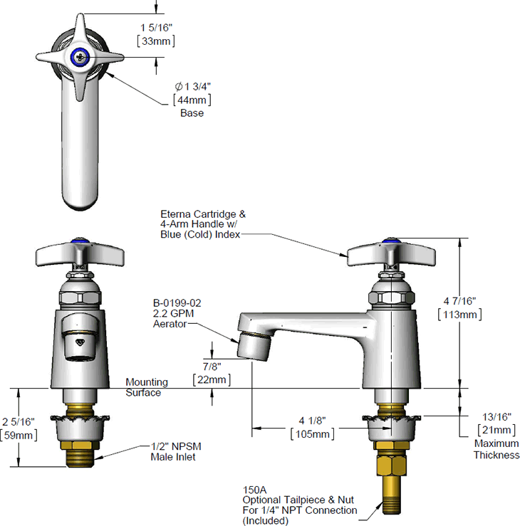 T&S Brass (B-0710) Sill Faucet, 1/2in NPS Male Shank, Non-Splash Aerator, 4-1/8in Outlet to Center additional product graphic