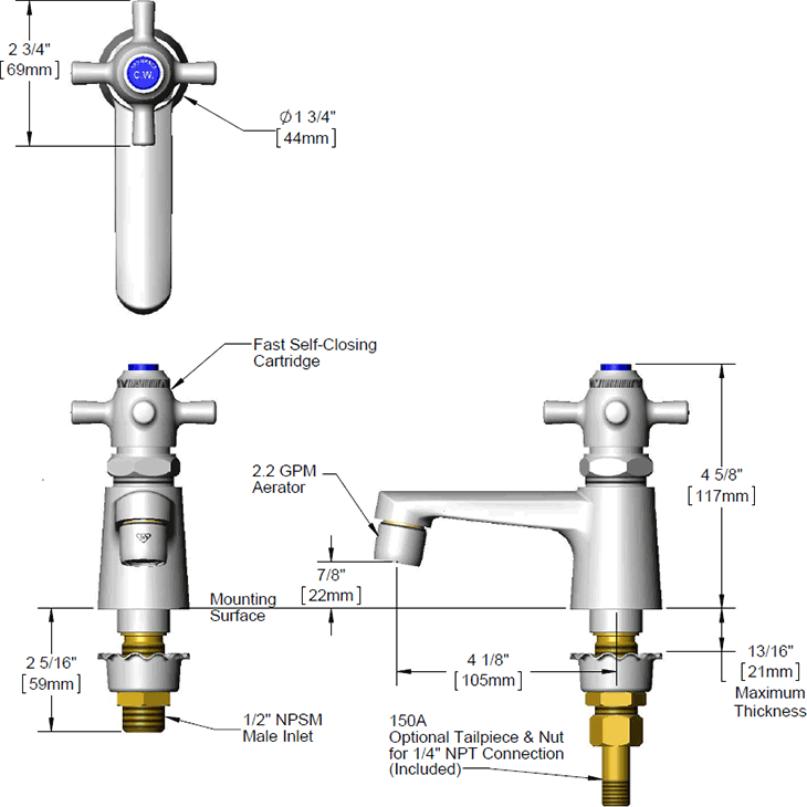 T&S Brass (B-0711) Sill Faucet, Self-Closing, 1/2in NPT Male Shank, Aerator, 4-1/8in Outlet to Center additional product graphic