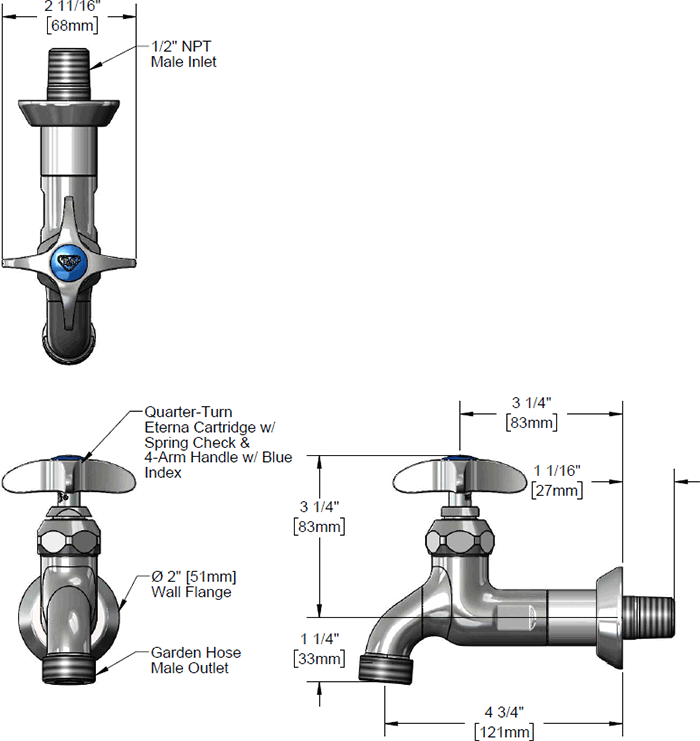 T&S Brass (B-0718) Sill Faucet, 1/2in NPT Male Inlet, 4-Arm Handle, Adjustable Flange, 3/4in Garden Hose Thread additional product graphic
