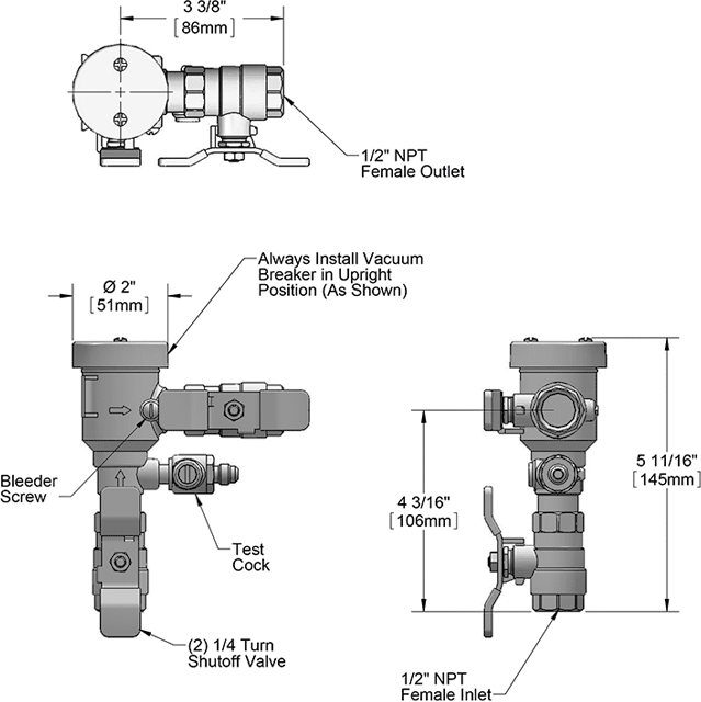 T&S Brass (B-0963) Vacuum Breaker, 1/2in Npt Inlet-Outlet, Continuous Pressure, Spill-Resist, Field-Testable additional product graphic