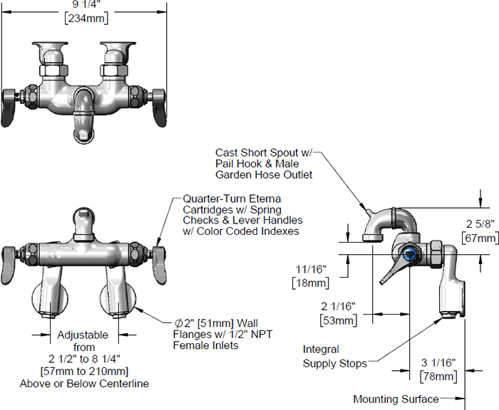 T&S Brass (B-2345-01-XX) Adjustable Wall Mount Mixing Faucet B-2345 w/ Short Spout & 00XX Inlet Flanges additional product graphic