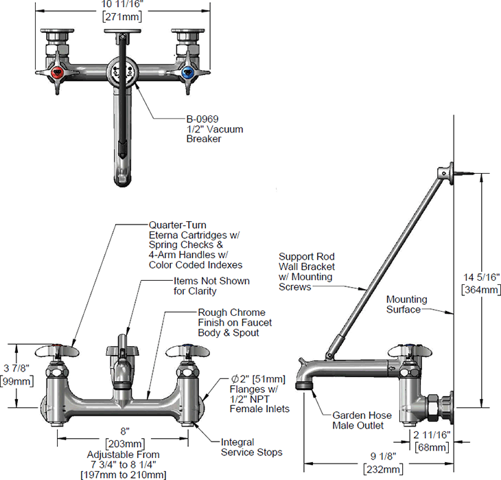 T&S Brass (B-2492) Service Sink Faucet, Vacuum Breaker, Hose Outlet, 4-Arm Handles, Built-In Stops additional product graphic