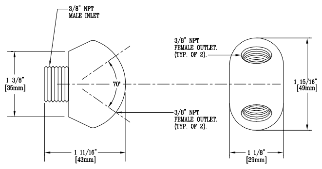 T&S Brass (BL-4250-08) Lab Wye Fitting, 3/8in NPT Male Inlet and Two 3/8in NPT Female Outlets additional product graphic