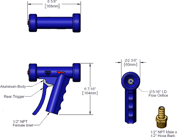 T&S Brass (MV-3516-21) Water Gun, Aluminum, Rear Trigger, 5/16in Orifice, 1/2in NPT x 1/2in Hose Barb additional product graphic