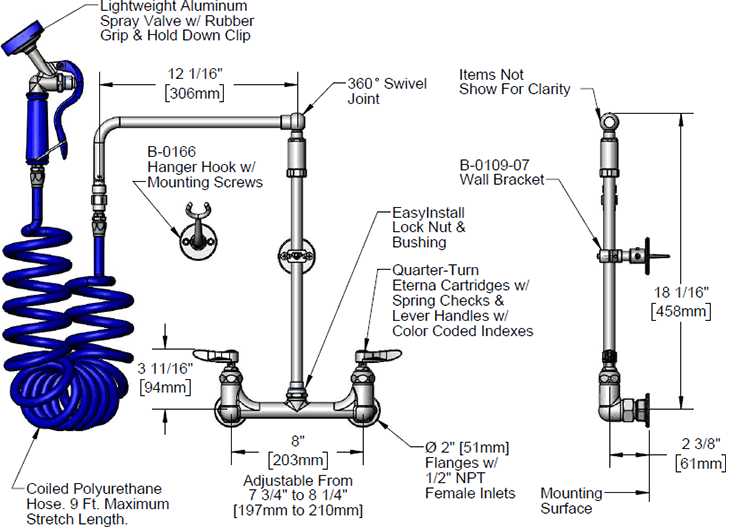T&S Brass (PG-8WOAN) 8in Wall Mount Faucet, Compression Cartridges with Spring Checks, 12inSwivel Arm additional product graphic