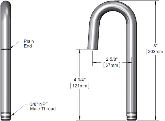 T&S Brass (119XP) Rigid Gooseneck, 2-3/4in Spread, 8-3/4in Height, 5-1/4in Clearance, Plain End Tip additional product graphic