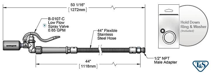 T&S Brass (B-0100-C) Spray Valve w/ Low Flow Head (B-0107-C) And 44in Flexible Stainless Steel Hose (B-0044-H) additional product graphic