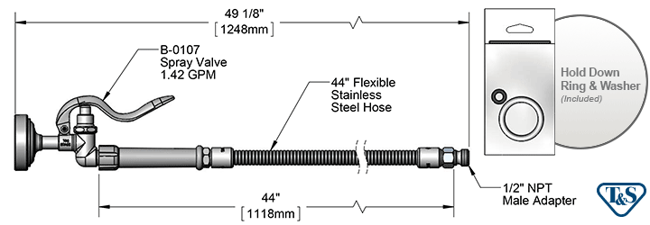 T&S Brass (B-0100) Spray Valve (B-0107) w/ 44in Flexible Stainless Steel Hose (B-0044-H) additional product graphic